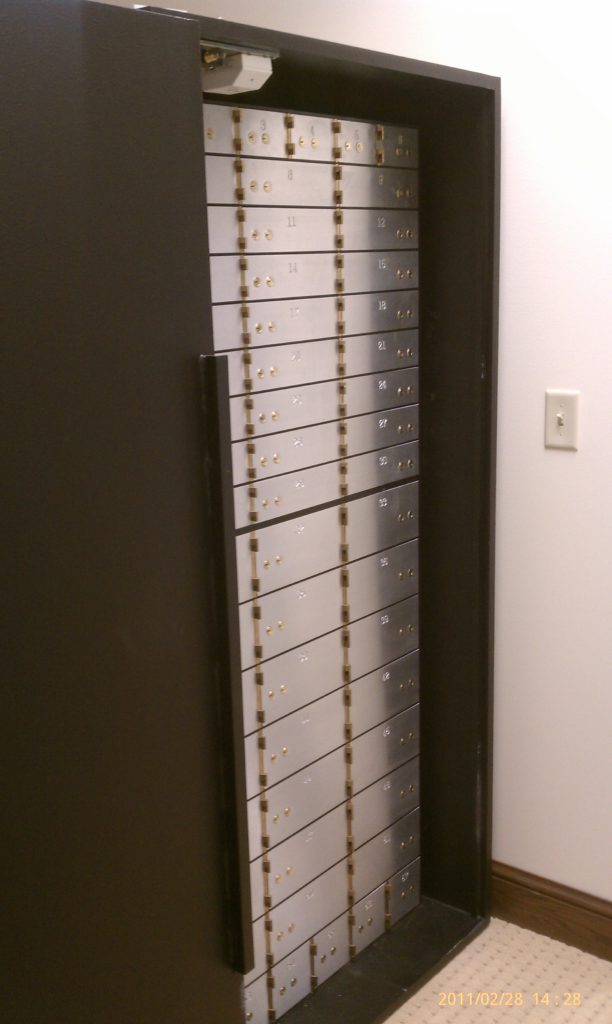 a large Hamilton bank safe full of safe deposit boxes